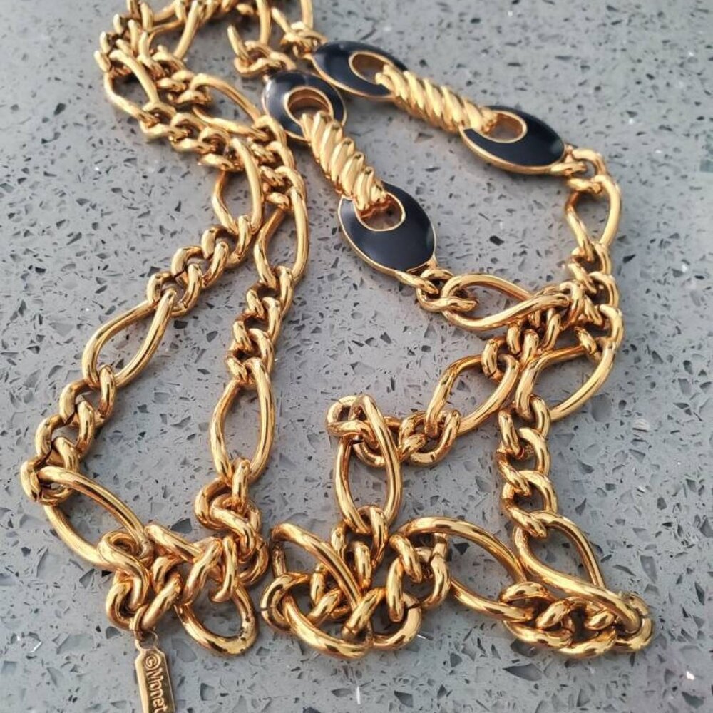 Vintage Monet Gold-tone and Navy Enamel Figaro Chain Necklace